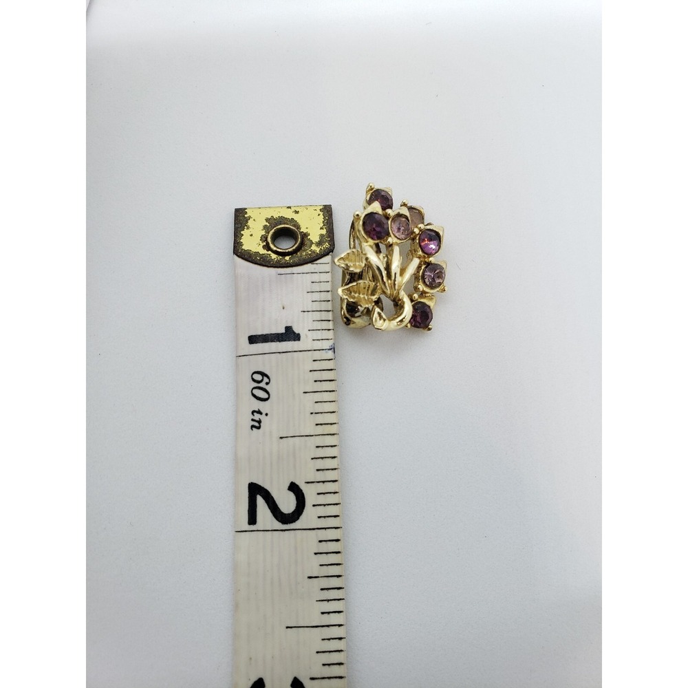 Vintage Caro Signed Floral Gold Tone Rhinestones Clip On Metal Earrings Jewelry - Picture 9 of 10